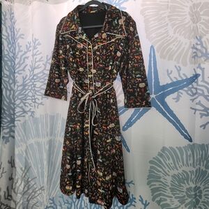 Camping themed A line dress with belt and pockets